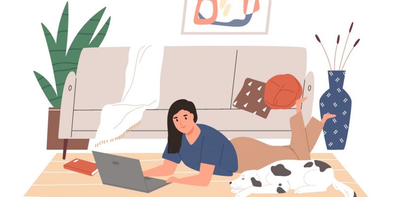 Freelance people work in comfortable conditions set vector flat illustration. Freelancer character working from home or beach at relaxed pace, convenient workplace. Man and woman self employed concept